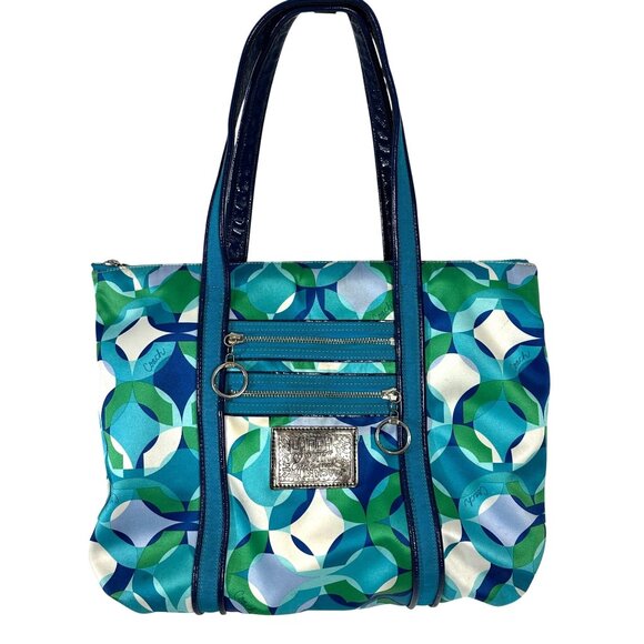Vintage Coach POPPY Tote Bag Glam Op Art Kaleidoscope Blue Green Satin 14747 - Picture 1 of 15